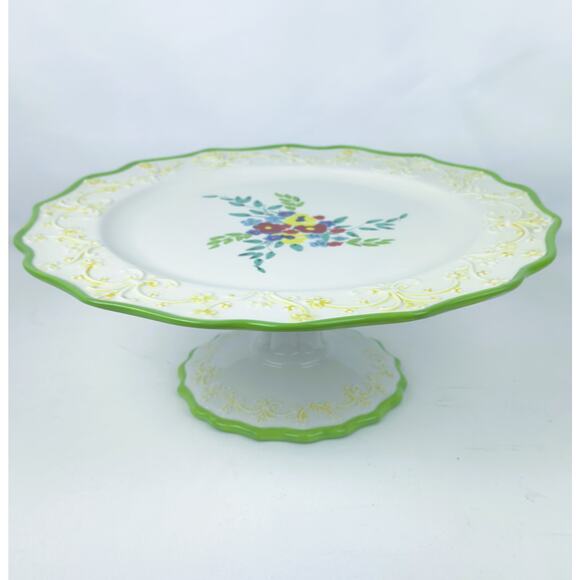 ANTHROPOLOGIE 13" Floral Scalloped Glazed Stoneware Stand - Picture 2 of 6